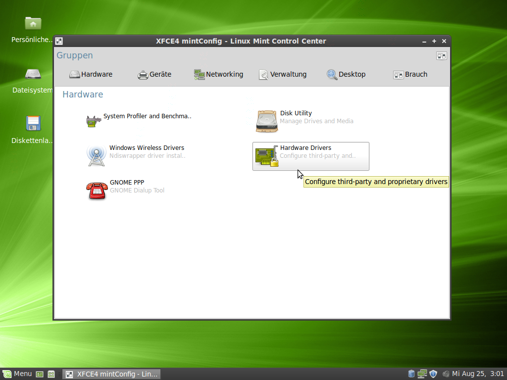 Das Mint-eigene Kontrollzentrum bietet Schaltstellen zu Konfigurationsanwendungen.