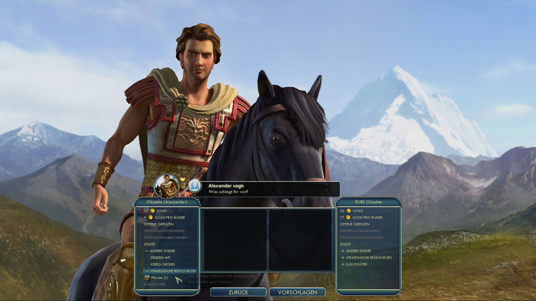 Wir fordern über das Diplomatiemenü das letzte Pferd von Alexander dem Großen.