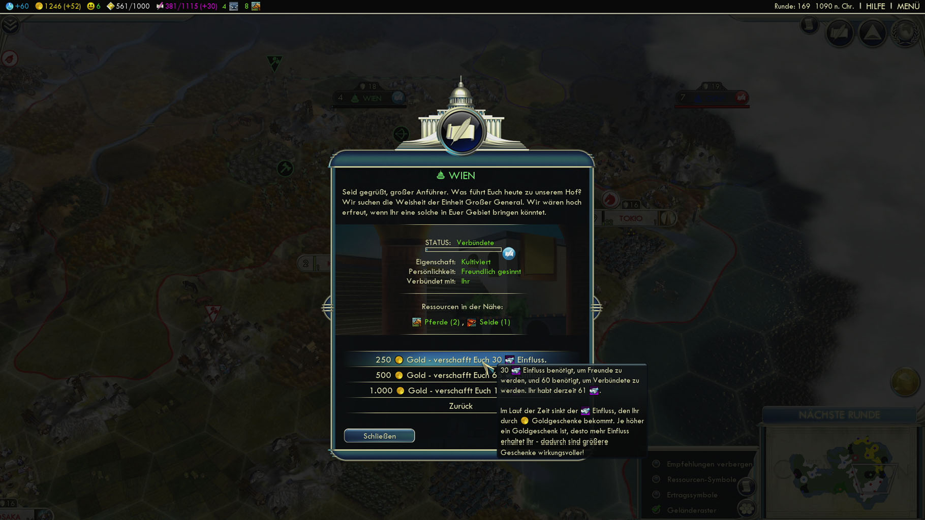 Stadtstaaten wie Wien können bestochen werden. Alternativ erfüllen Spieler Aufträge, um Einfluss zu gewinnen.