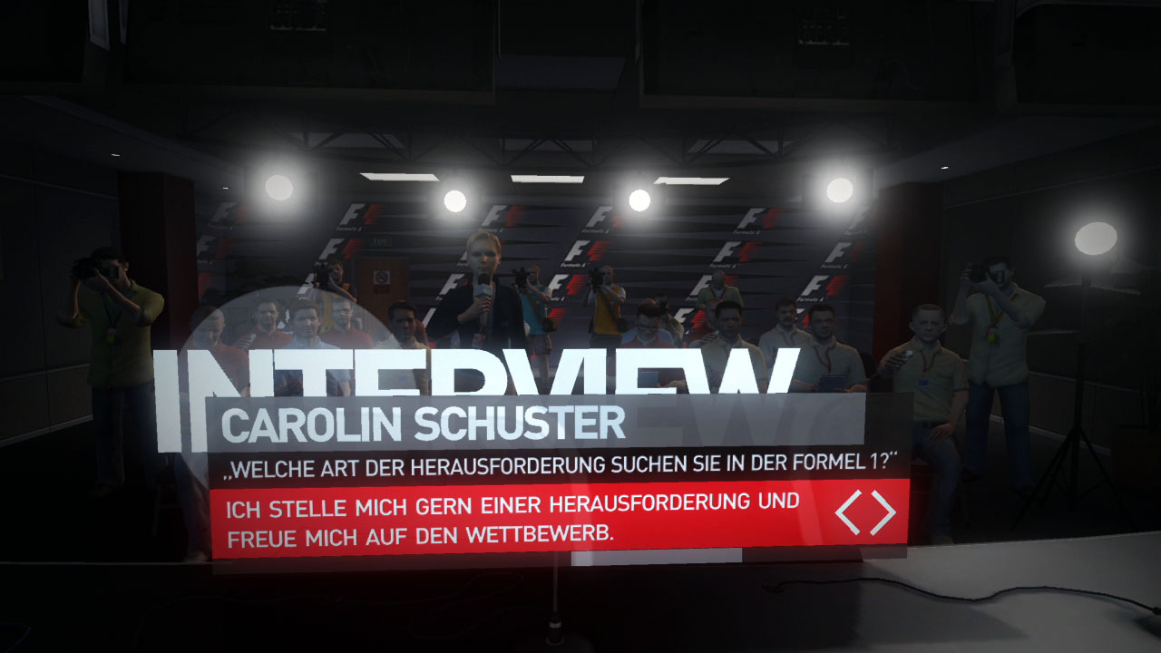 Zwischen den Rennen wählt der Spieler aus wenigen Antwortmöglichkeiten seine passende.