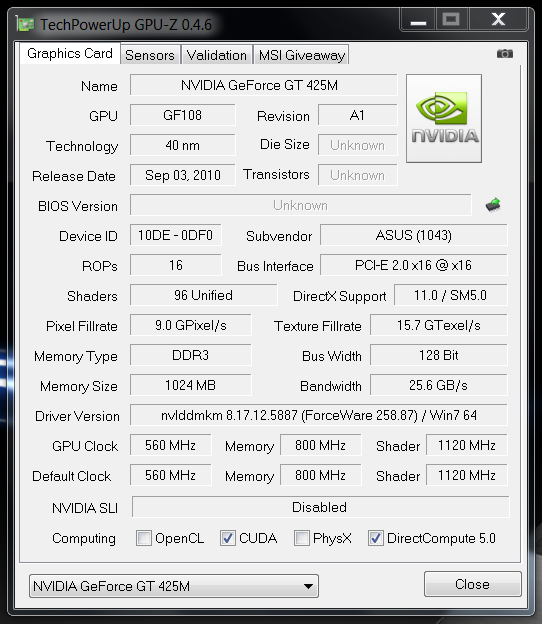 GT 425M in GPU-Z