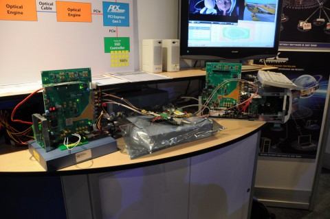 In der Mitte sind die Wandler zu sehen, die elektrische Signale in optische Signale wandeln. Die Wandler sind nicht von PLX, ...