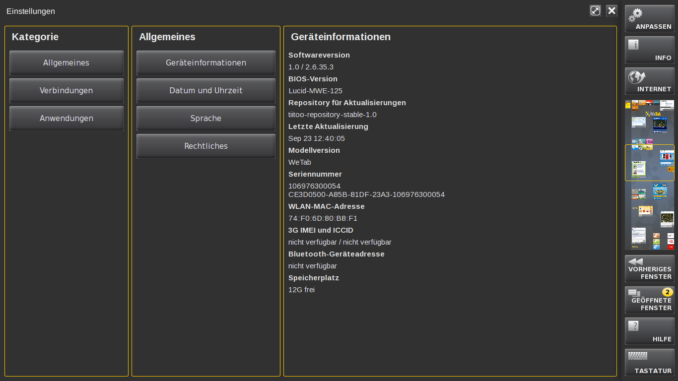 Die Systeminformationen, die das WeTab preisgibt
