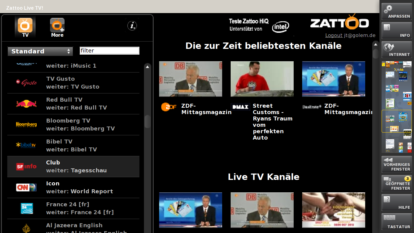 Die Flashinhalte der Zattoo-Webseite ruckeln wegen noch fehlender Flash-Beschleunigung.