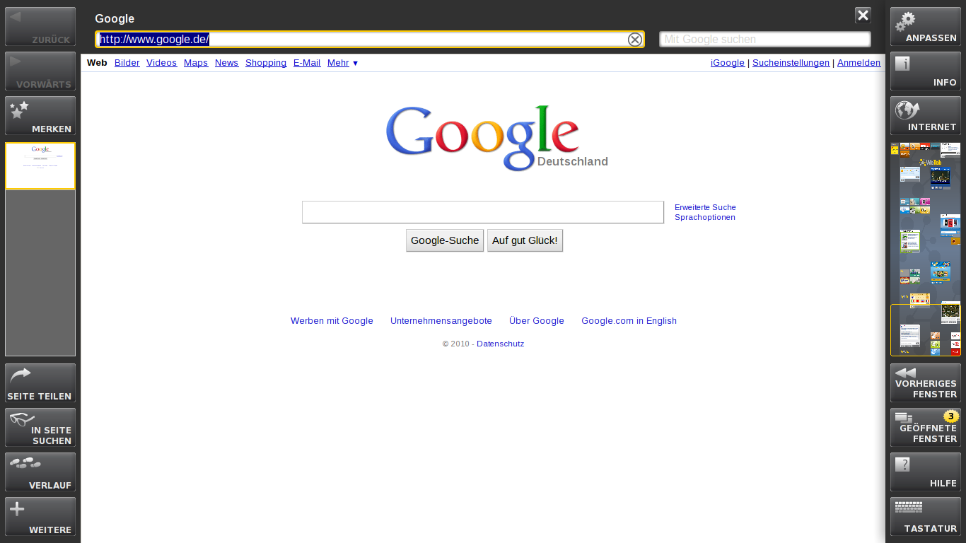 Der Webkit-Browser ließ sich um 90 Grad drehen.