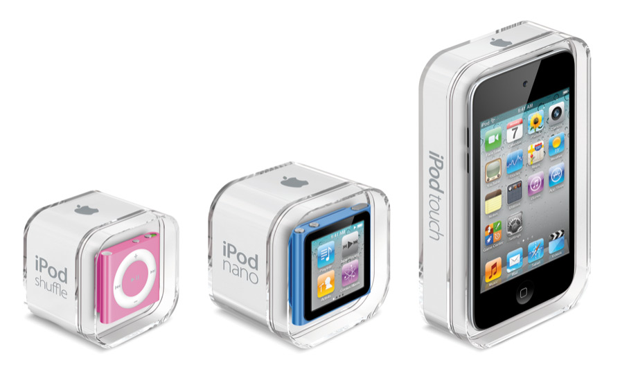 Apple-iPod-Familie in Verkaufsverpackungen
