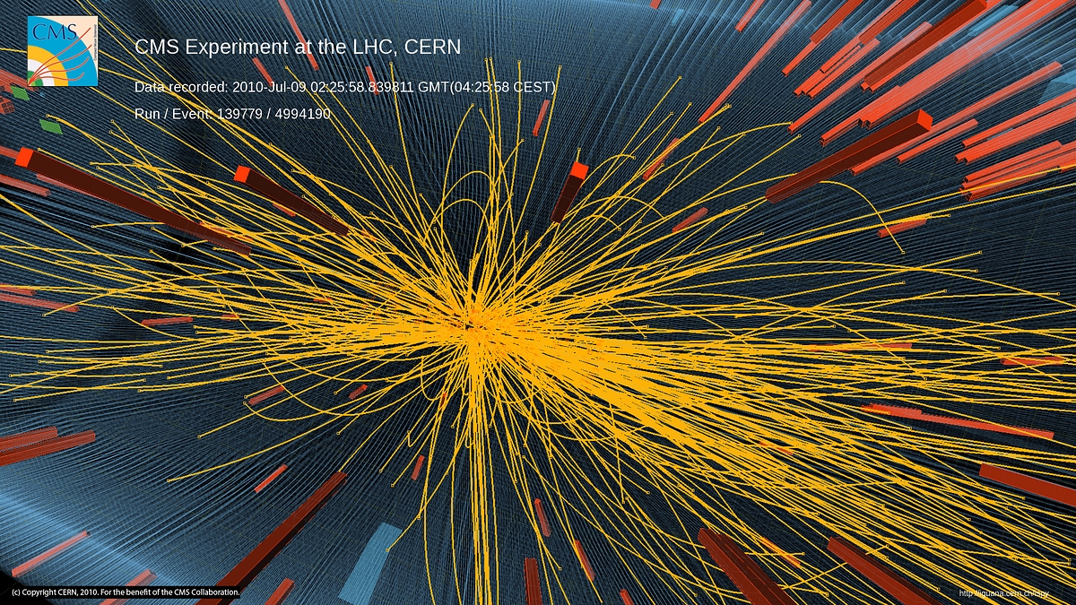 Proton-Proton-Kollision im CMS-Detektor bei 7 TeV Energie, in der mehr als 100 geladene Teilchen erzeugt wurden (Bild: Cern)