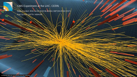Proton-Proton-Kollision im CMS-Detektor bei 7 TeV Energie, in der mehr als 100 geladene Teilchen erzeugt wurden (Bild: Cern)