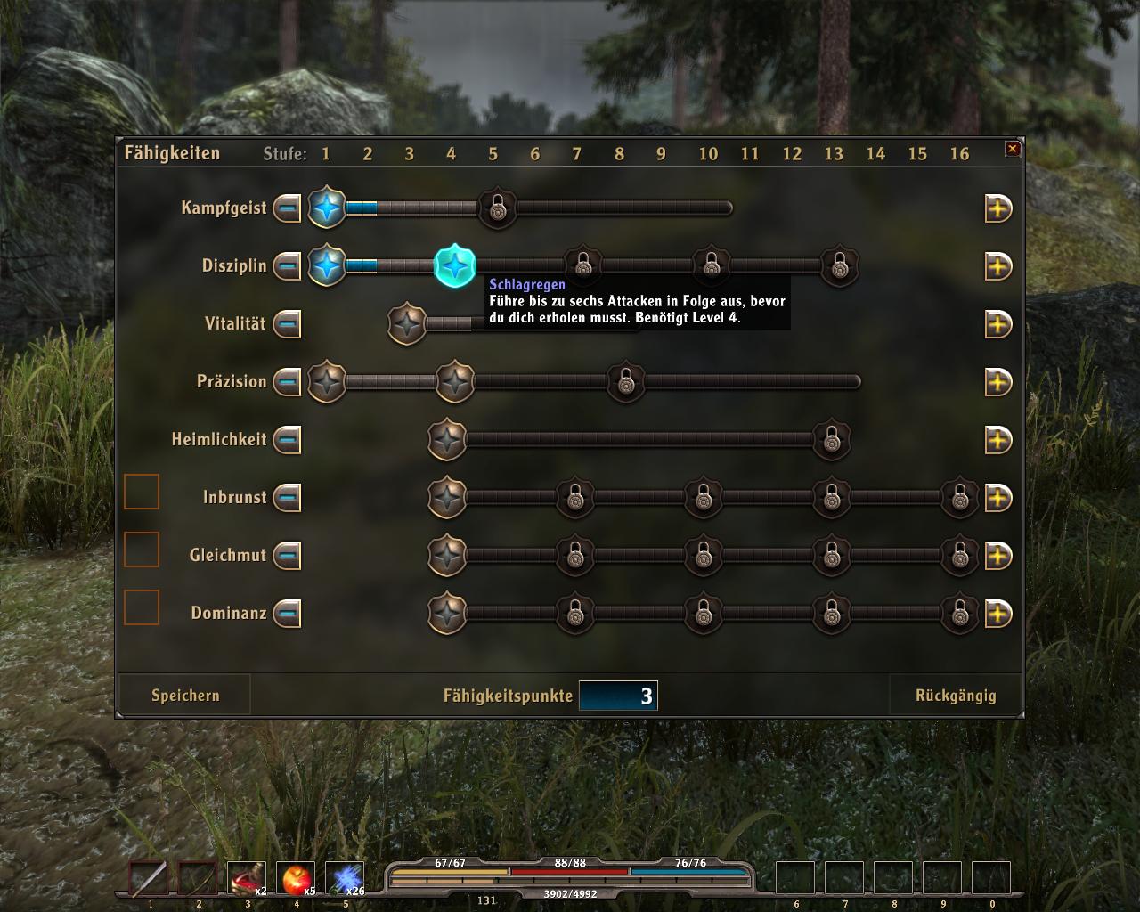 Im Rollenspielmenü wählt der Spieler die zu optimierenden Fähigkeiten aus.