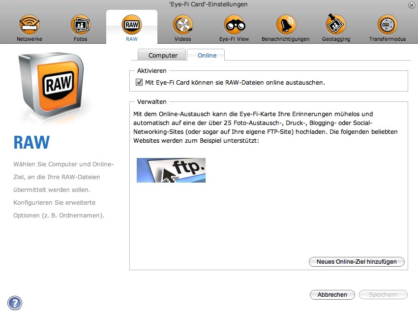 Eye-Fi Center: Rohdaten lassen sich jetzt auf FTP-Servern speichern.