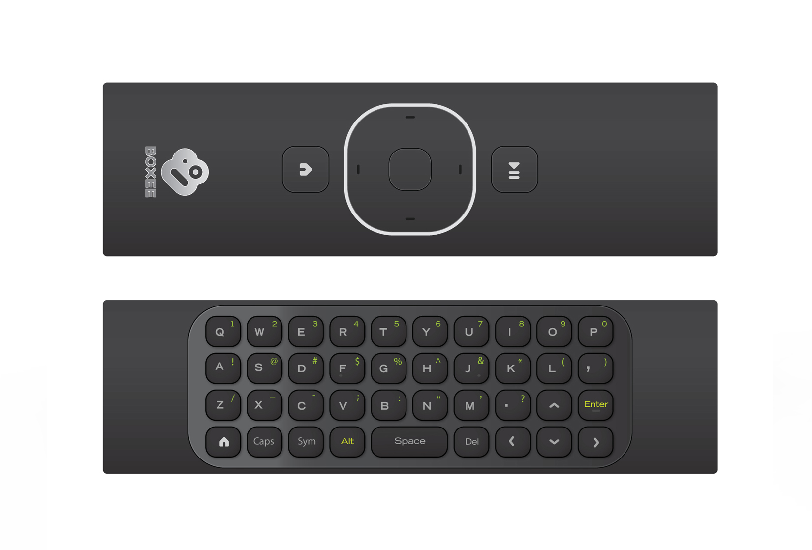 Boxee-Box-Fernbedienung, oben Steuerkreuz, unten Tastatur