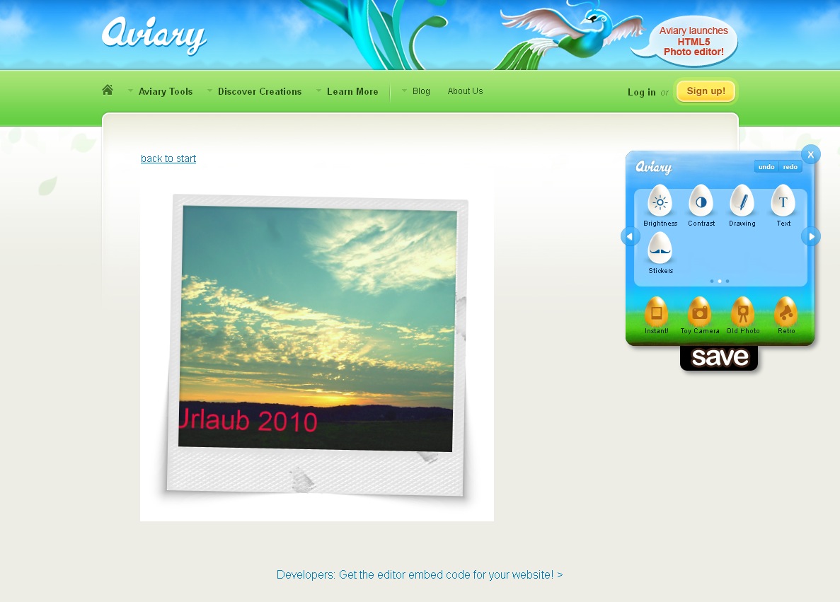 Aviary-HTML5-Editor - Bildeinstellung "Instant"