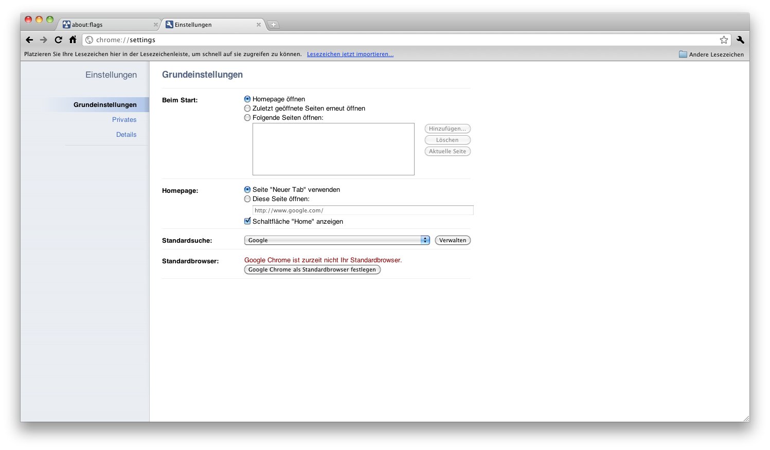 Chrome 8: Einstellungsdialog in einem Tab