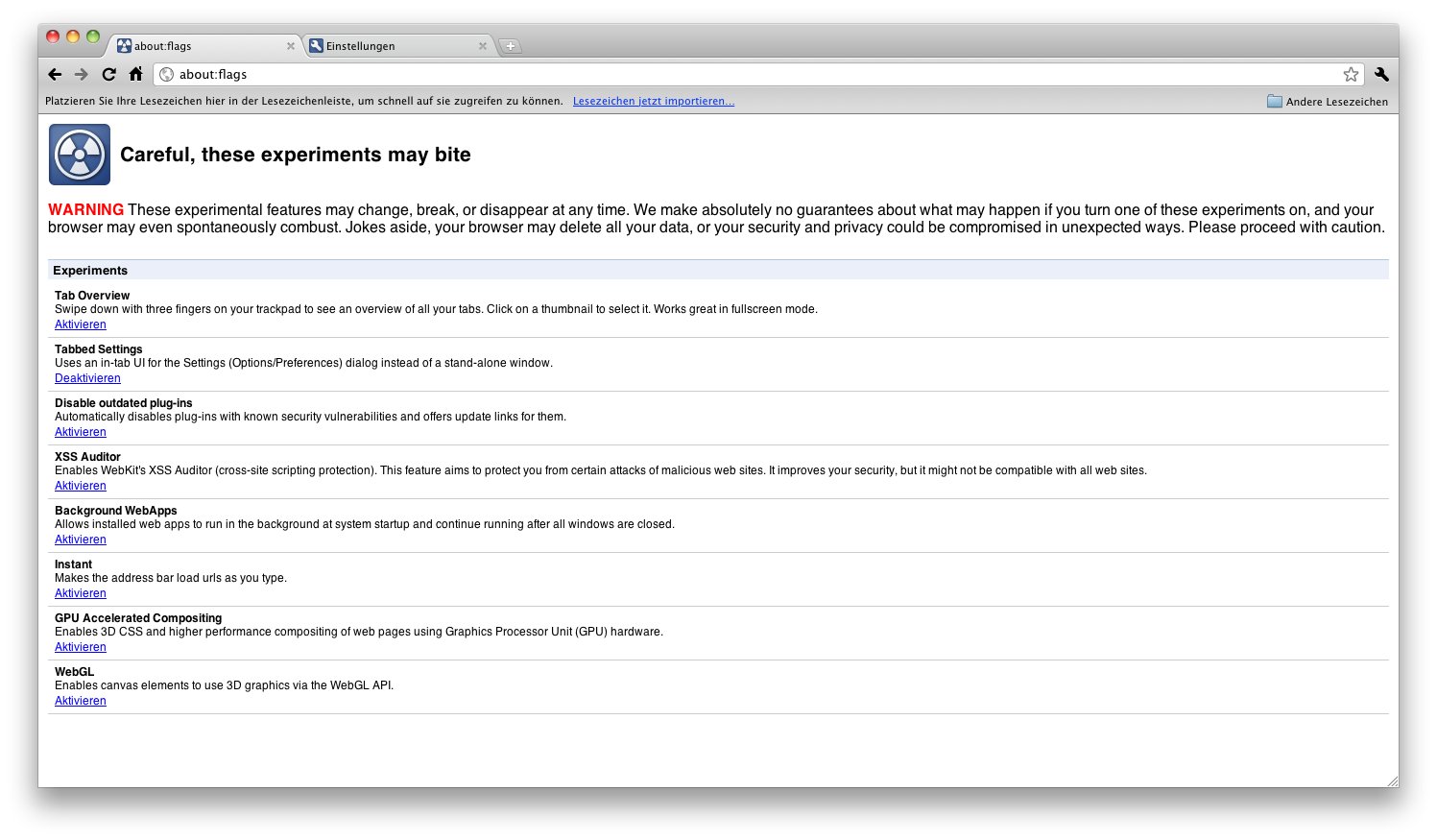 Experimentelle Funktionen in Chrome 8