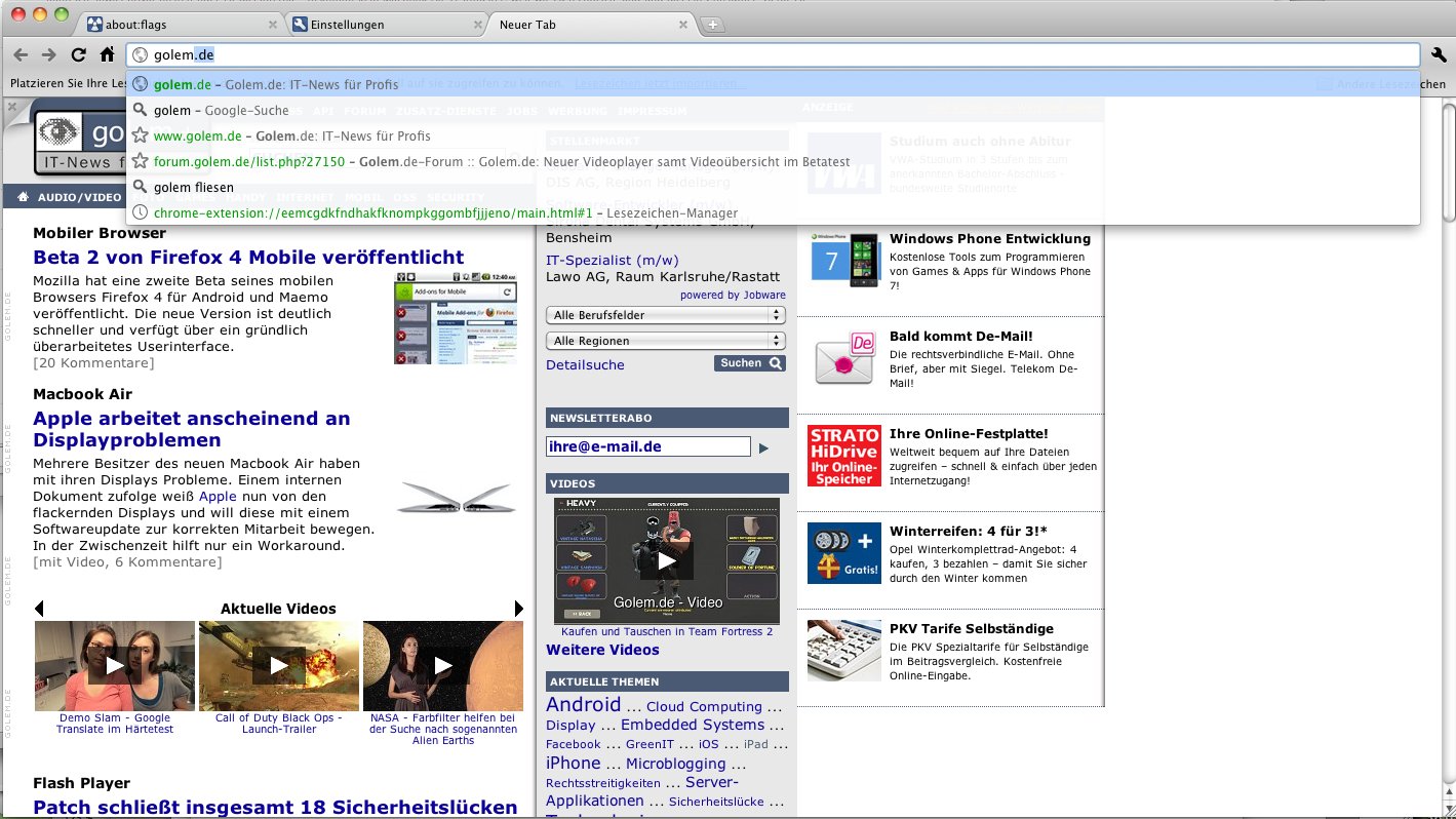 Instant in Chrome 8 lädt Webseiten schon beim Tippen