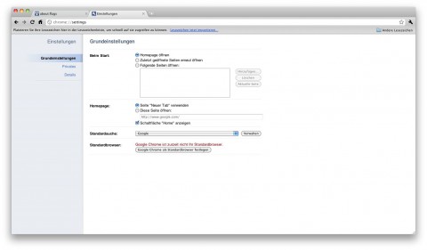 Chrome 8: Einstellungsdialog in einem Tab