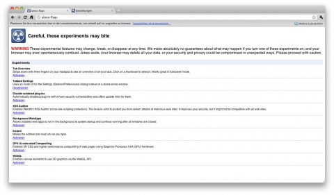 Experimentelle Funktionen in Chrome 8