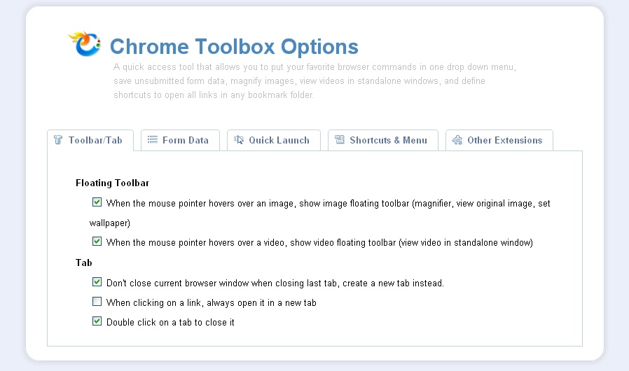Chrome Toolbox - Einstellungen für Bilder, Videos und Tabs