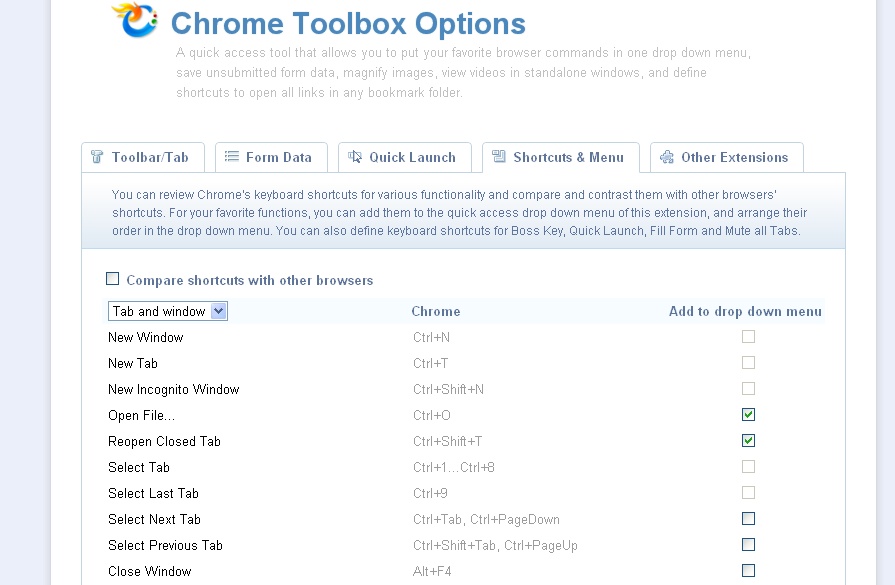 Chrome Toolbox - Einstellungen, Menüs