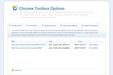 Chrome Toolbox - Einstellungen f&uuml;r das Speichern von Formulardaten