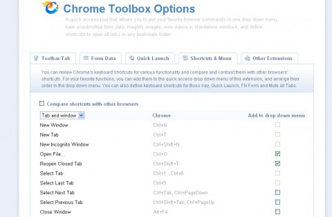 Chrome Toolbox - Einstellungen, Men&uuml;s