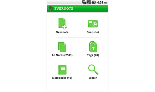 Evernote 2.0 für Android - Startbildschirm