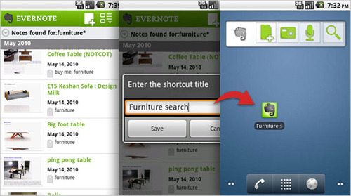 Evernote 2.0 für Android - Shortcuts auf dem Startbildschirm <br>