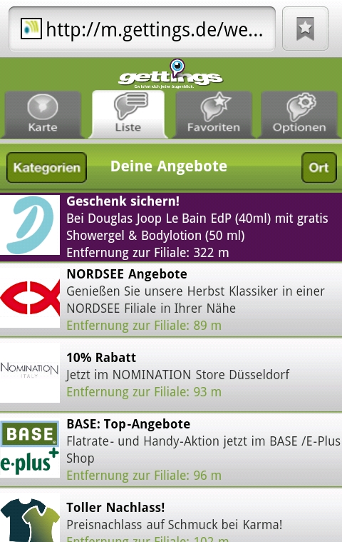 Gettings - Angebot in Listendarstellung