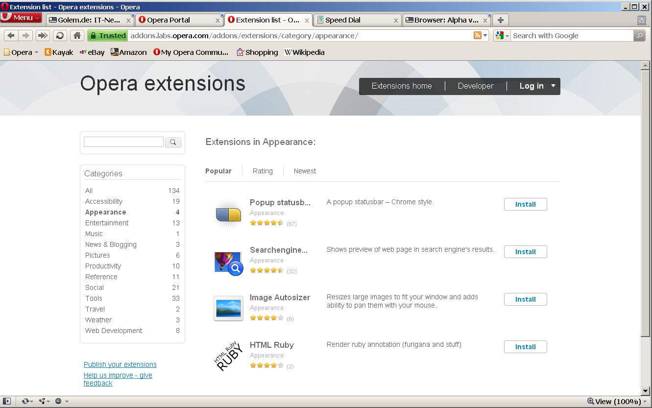 Opera 11 mit geöffneter Erweiterungsseite