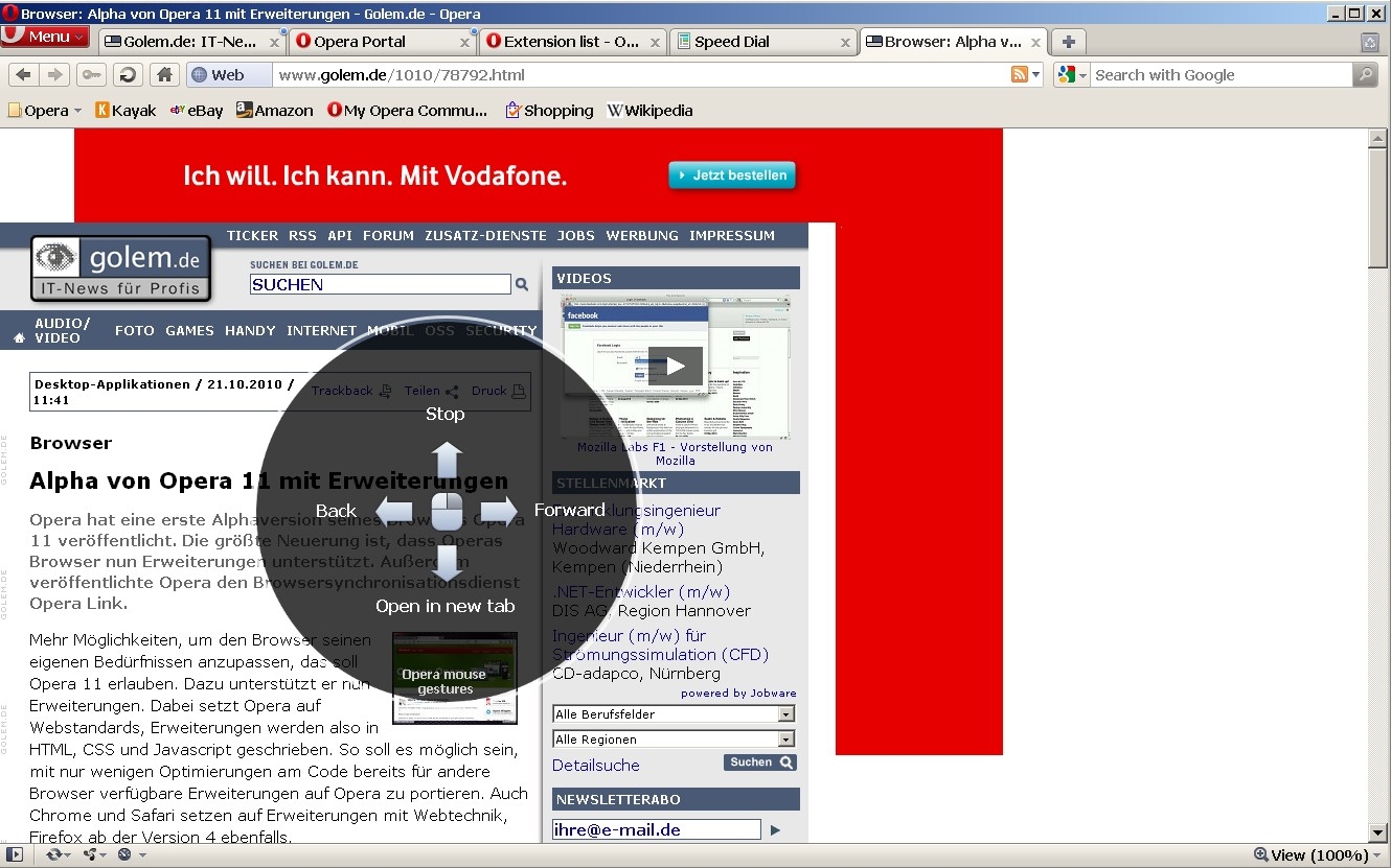 Opera 11 - Befehlsübersicht für Mausgesten