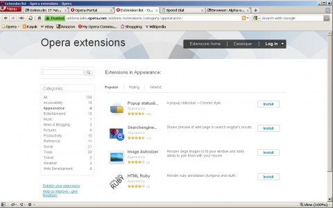 Opera 11 mit ge&ouml;ffneter Erweiterungsseite