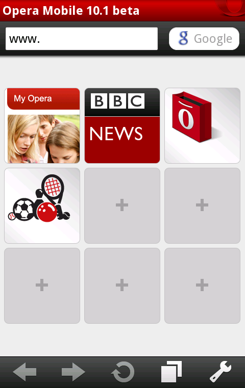 Opera Mobile 10.1 für Android mit der Standard-Schnellwahlseite