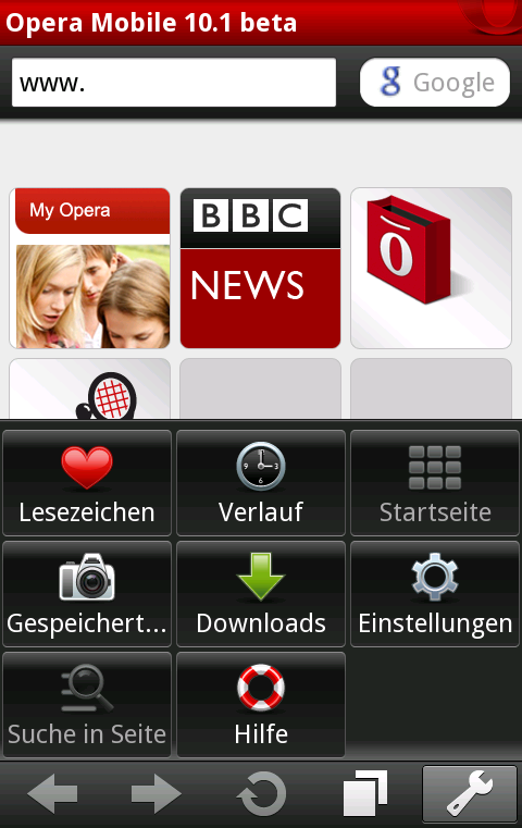 Opera Mobile 10.1 für Android - Optionsmenü