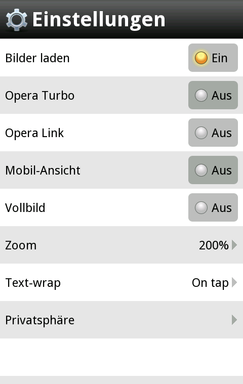 Opera Mobile 10.1 für Android - Einstellungen