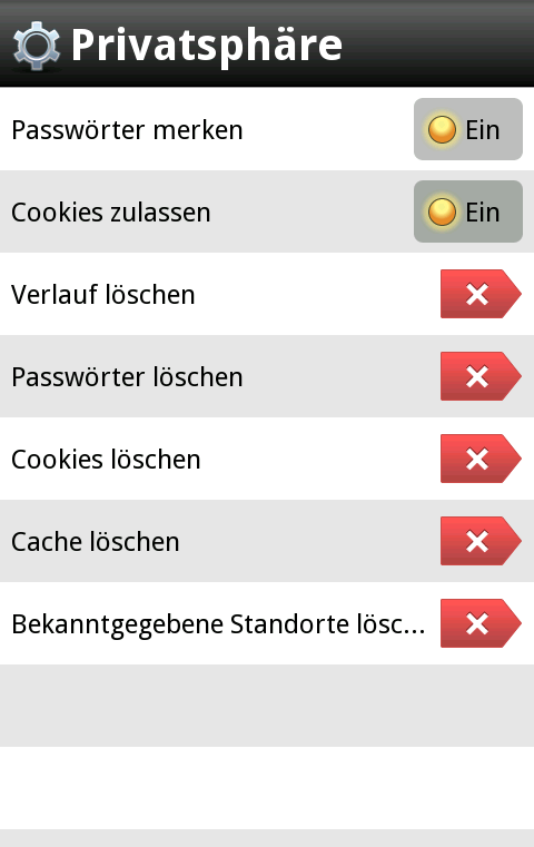 Opera Mobile 10.1 für Android - Datenschutzeinstellungen