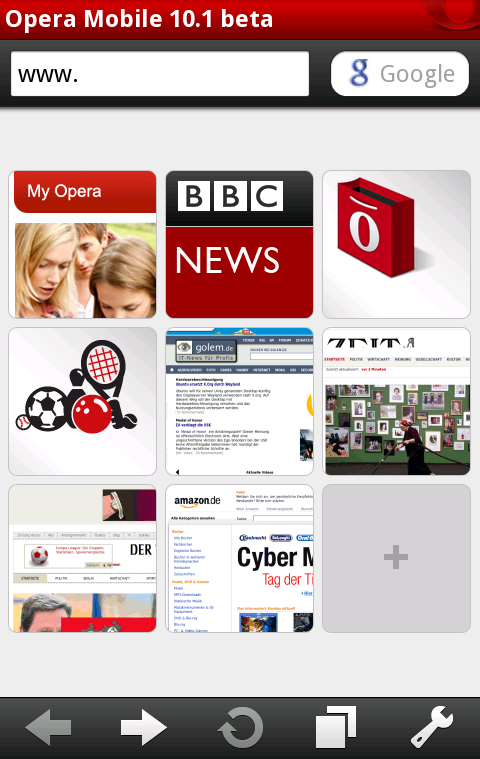Opera Mobile 10.1 für Android mit angepasster Schnellwahlseite