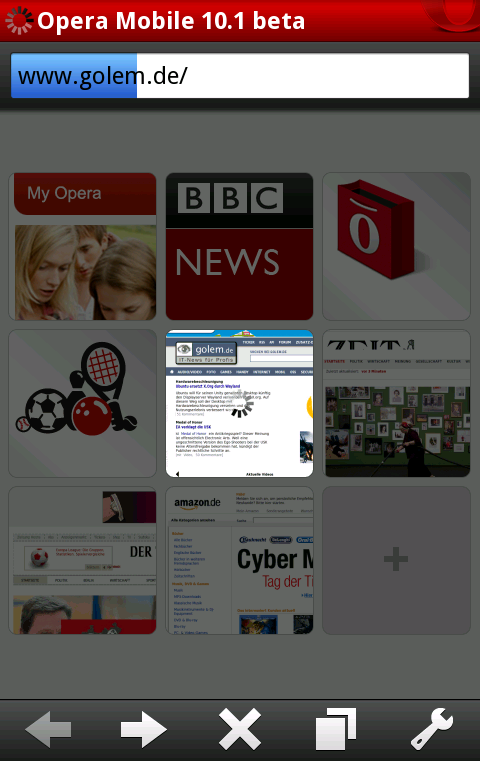 Opera Mobile 10.1 für Android beim Laden eines Links auf der Schnellwahlseite