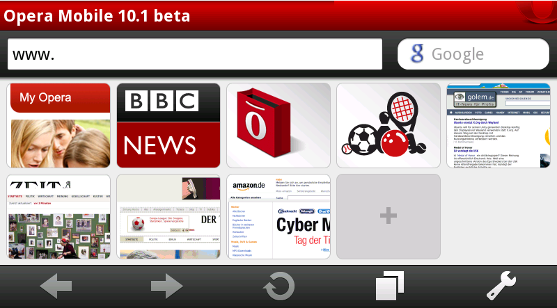 Opera Mobile 10.1 für Android mit angepasster Schnellwahlseite im Querformat