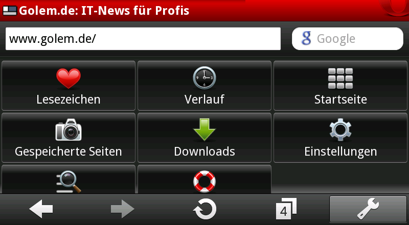 Opera Mobile 10.1 für Android - Optionsmenü