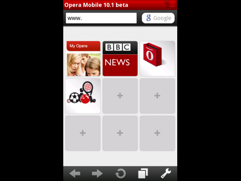 Opera Mobile 10.1 f&uuml;r Android mit der Standard-Schnellwahlseite