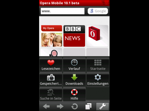 Opera Mobile 10.1 f&uuml;r Android - Optionsmen&uuml;