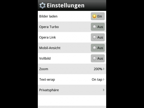 Opera Mobile 10.1 f&uuml;r Android - Einstellungen