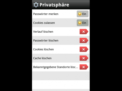 Opera Mobile 10.1 f&uuml;r Android - Datenschutzeinstellungen