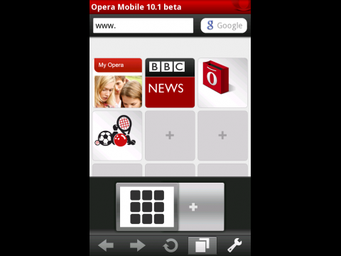 Opera Mobile 10.1 f&uuml;r Android mit ge&ouml;ffnetem Tab-Bereich