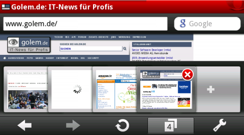 Opera Mobile 10.1 f&uuml;r Android mit Tab-Vorschau im Querformat