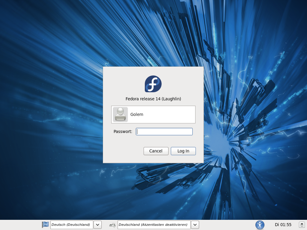 Der Login-Bildschirm der aktuellen Version 14 alias Laughlin von Fedora