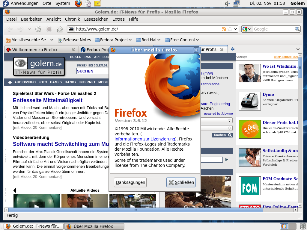 Der Browser Firefox liegt in Version 3.6.10 vor.