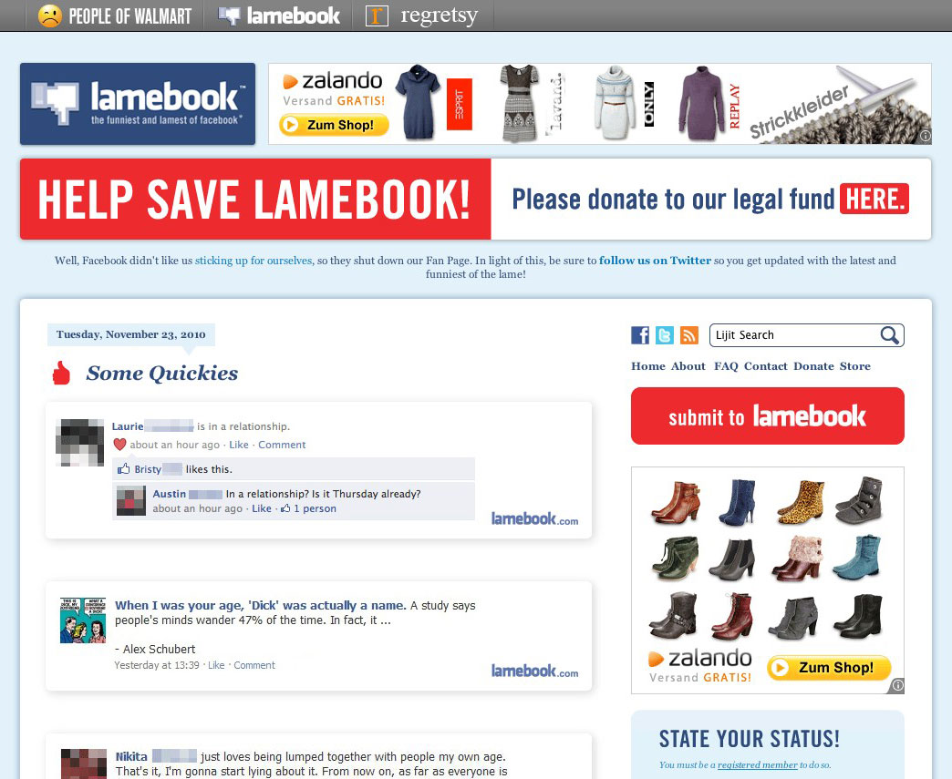 Facebook-Parodie Lamebook - beim großen Vorbild in Ungnade gefallen