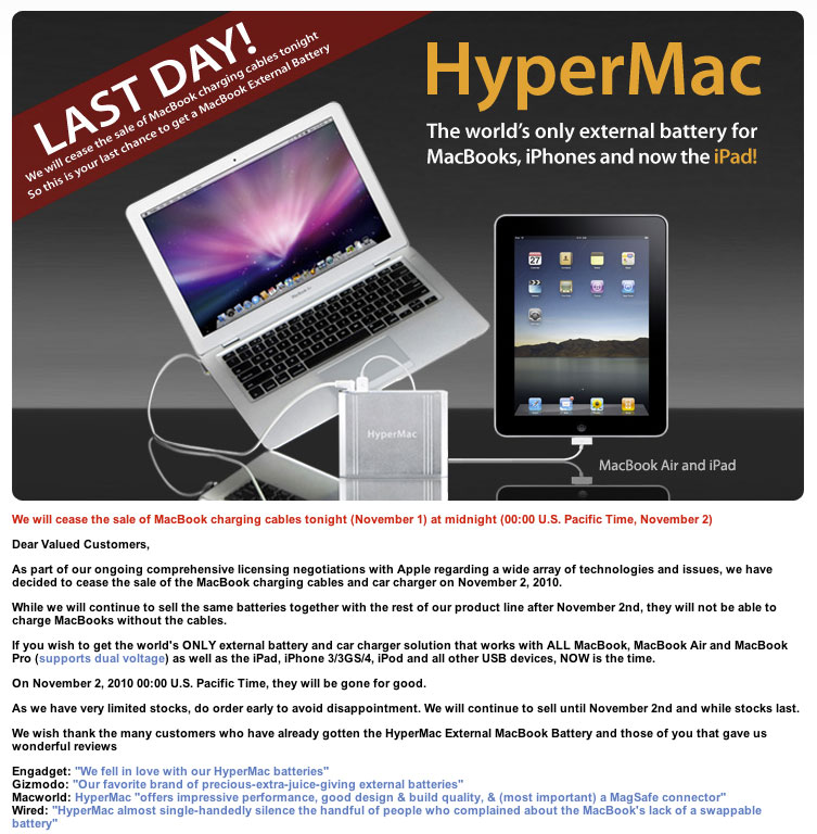 Sanho bietet auf Druck von Apple keine Hypermac-Akkus mit Magsafe-Kabeln mehr an.