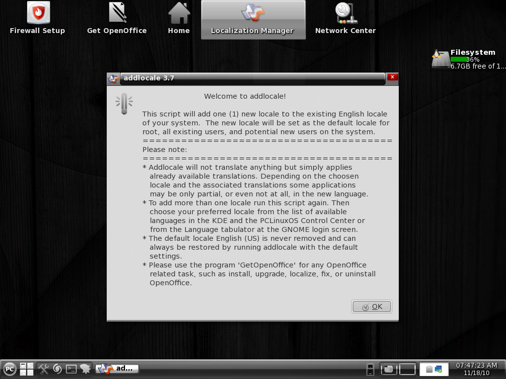 Sprachdateien für die installierten KDE-SC-Anwendungen können ebenfalls heruntergeladen werden, der Desktop bleibt aber in englischer Sprache. 